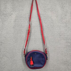 J. Crew Signet‎ Round Crossbody Bag Navy Blue Red Leather Monogram SC Italy